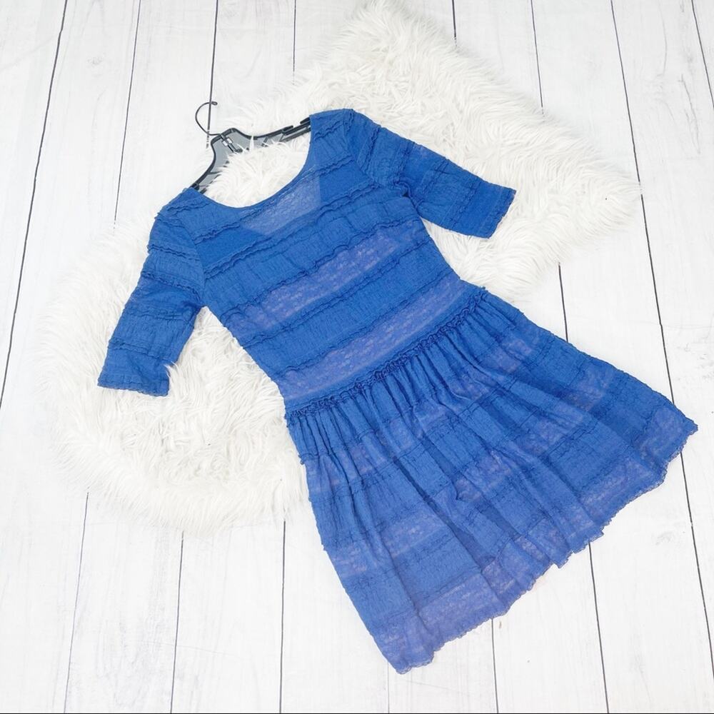 BCBGMaxAzria Women's Blue Loue Ruffle‎ Trim Lace Dress Medium - Picture 2 of 5